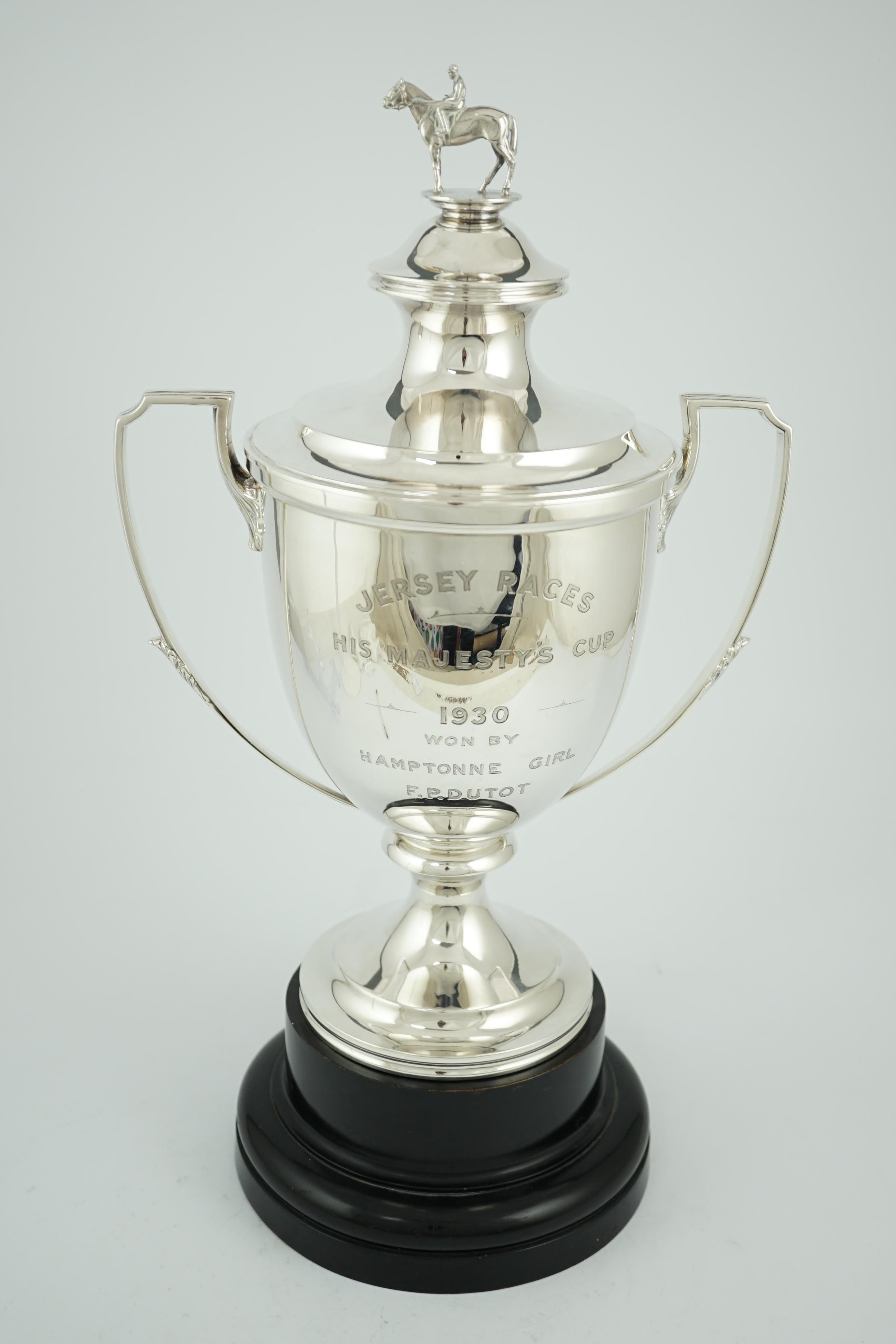 A large George V silver two handled horse racing presentation cup and cover by Edward Barnard & Sons Ltd